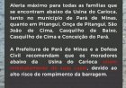 Pará de Minas faz alerta máximo para rompimento de barragem e ordena evacuação