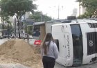 Caminhão com areia tomba na avenida Amazonas e complica trânsito em BH