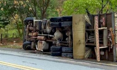 Caminhão sai da pista e tomba na BR-381, em Valadares