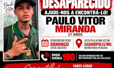 Jovem de 21 anos está desaparecido há oito dias em Sabinópolis; mãe faz apelo por informações