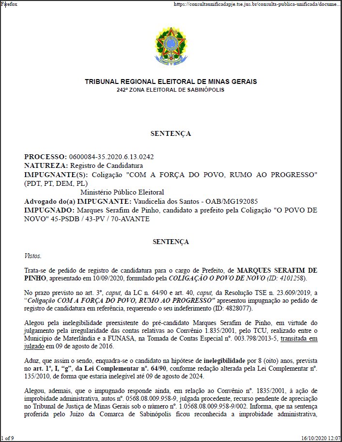 Candidato a prefeito tem candidatura impugnada em Materlândia / MG
