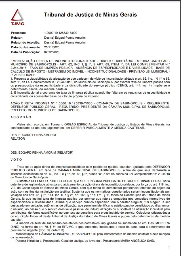 Defensoria Pública obtém a suspensão da cobrança de taxas de limpeza pública do Município de Sabinópolis