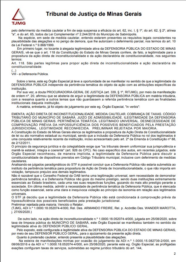 Defensoria Pública obtém a suspensão da cobrança de taxas de limpeza pública do Município de Sabinópolis