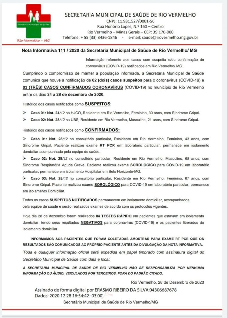 Rio vermelho anuncia 3 casos confirmados de COVID19 no dia de hoje