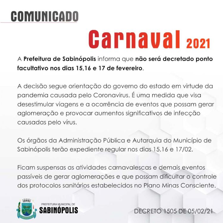 Sabinópolis não terá pontos facultativos no Carnaval