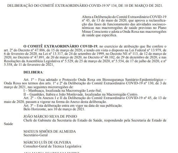 Deliberação que classifica Microrregional de Guanhães na ONDA ROXA é publicada pelo Estado de Minas Gerais