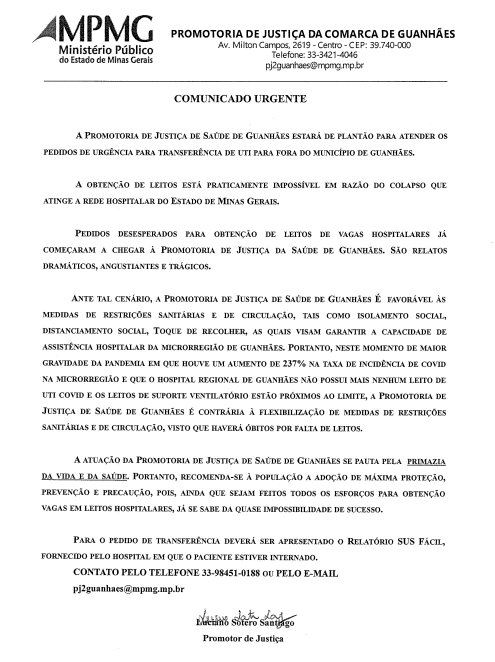 Promotoria de Justiça informa que está de plantão para atender pedidos de urgência para transferência hospitalar