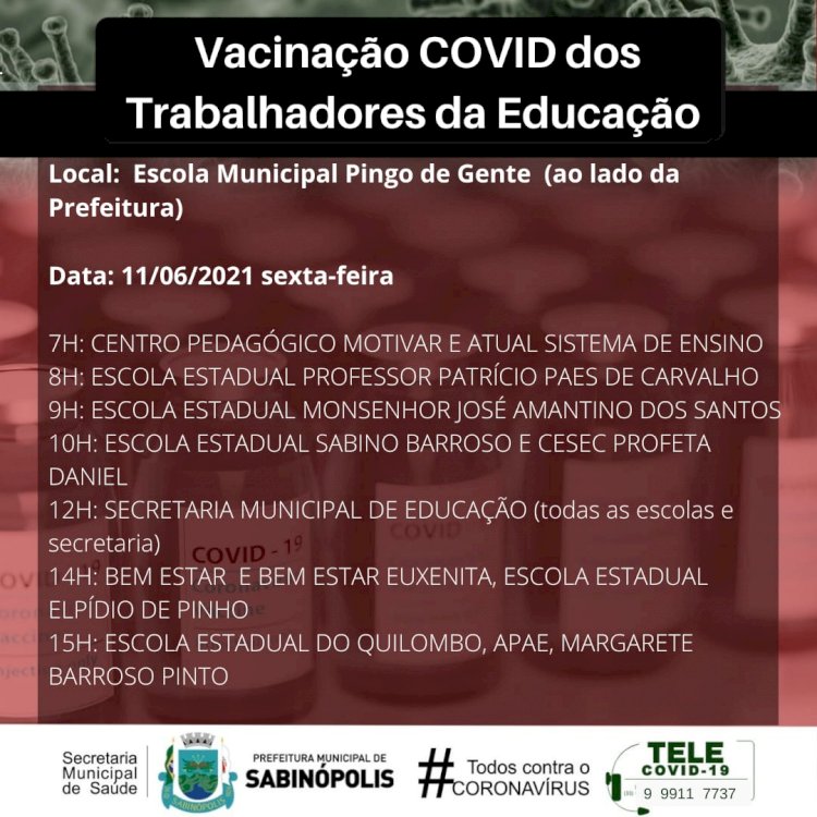 Sabinópolis iniciará a vacinação dos profissionais da área da educação