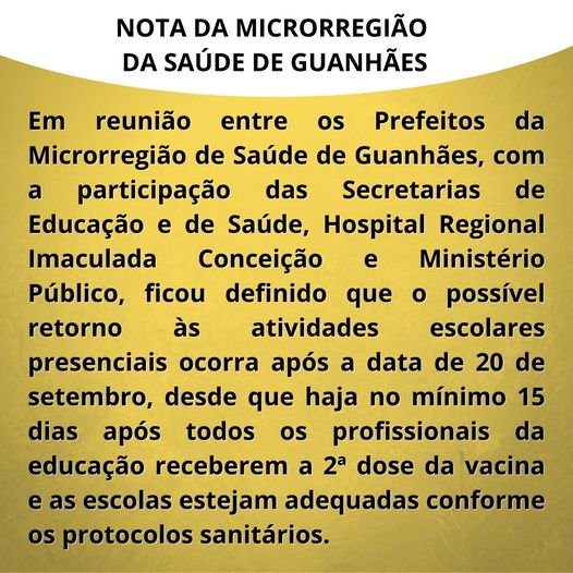 MICRORREGIONAL DE GUANHÃES  SISTEMA HÍBRIDO: Atividades escolares presenciais devem retornar a partir do dia 20 de setembro em Guanhães