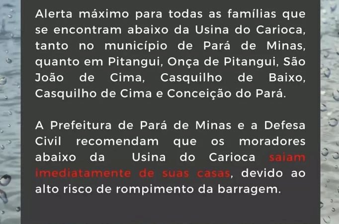Pará de Minas faz alerta máximo para rompimento de barragem e ordena evacuação