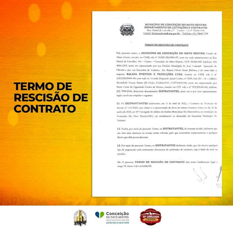 NOTA À IMPRENSA - Prefeitura de Conceição do Mato Dentro divulga instrumento de distrato com o cantor Gusttavo Lima, assinado  sem ônus para o município