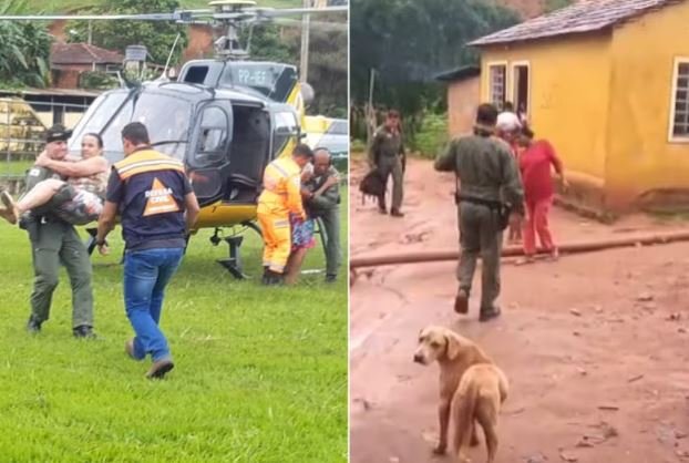 Famílias ilhadas são resgatadas de helicóptero pela polícia após chuvas em Minas